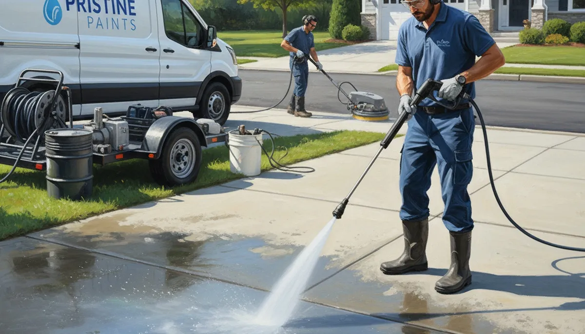 Durham, NC painters pressure washing a concrete driveway for cleaning and stain removal
